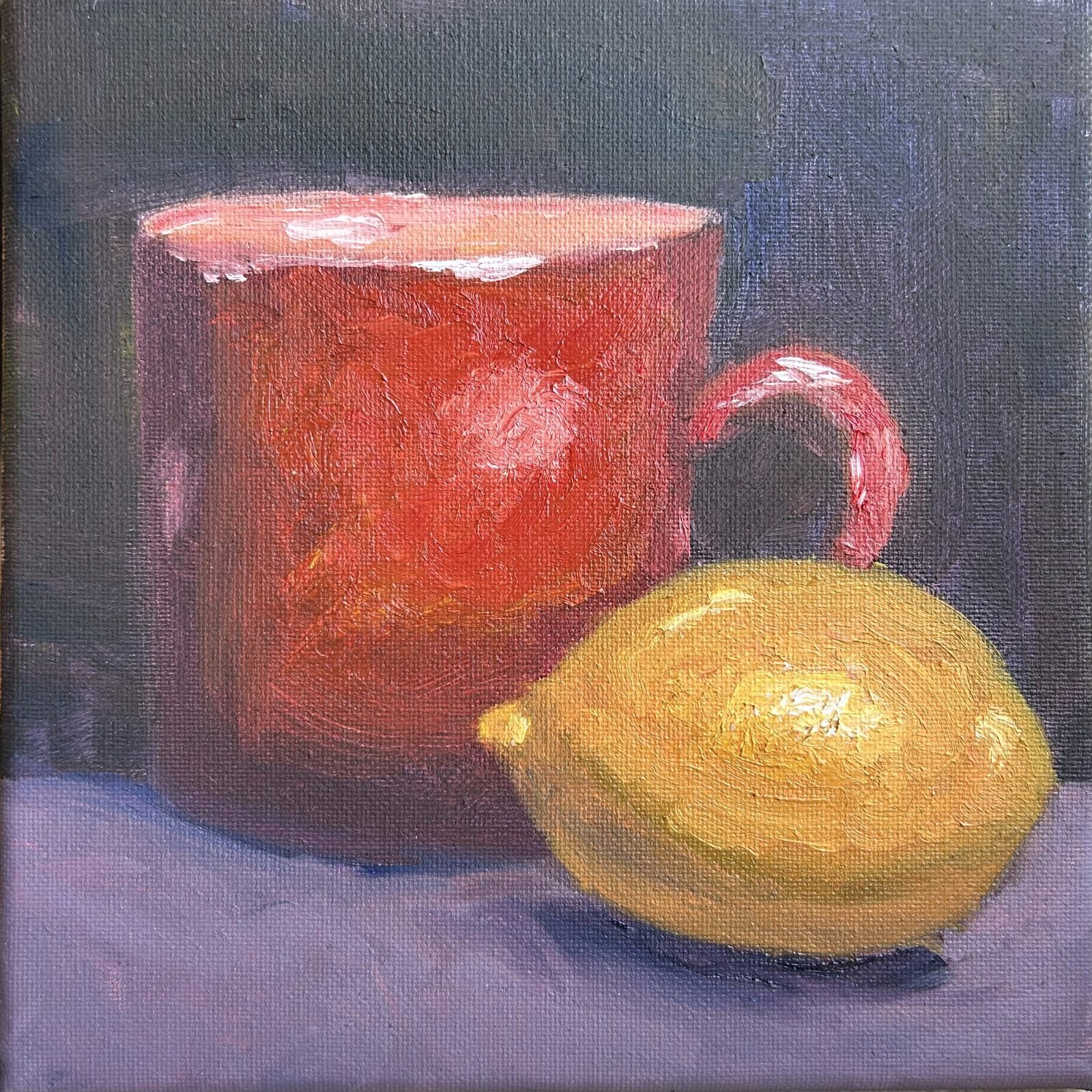 Red Mug & Lemon — original oil painting by Claire Jutabha